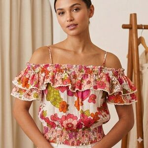 Pink Floral Off-Shoulder Smocked Blouse